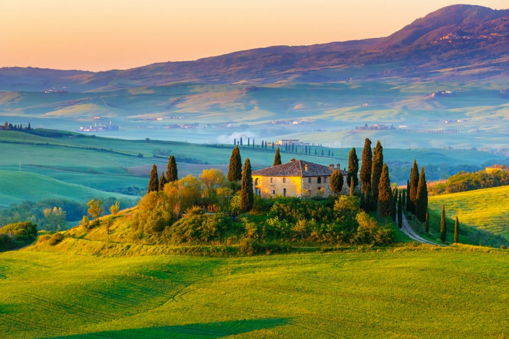 Tuscany landscape at sunrise Italy
