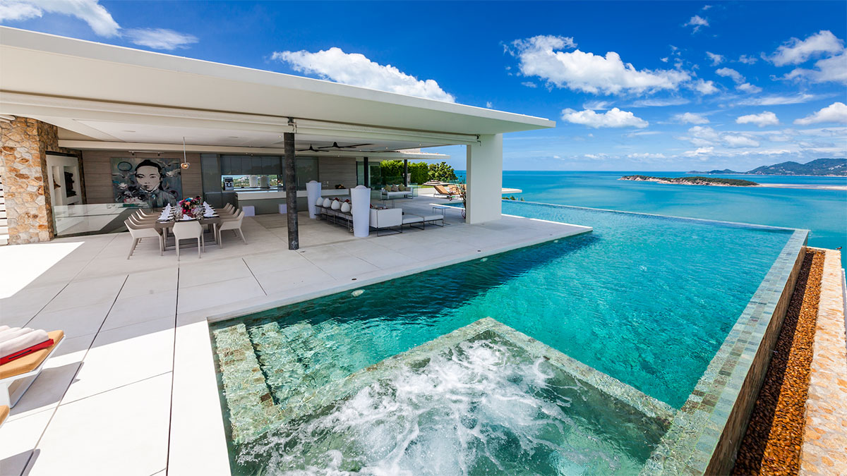 Villa Anavaya pool area with view of northeast Koh Samui coastline